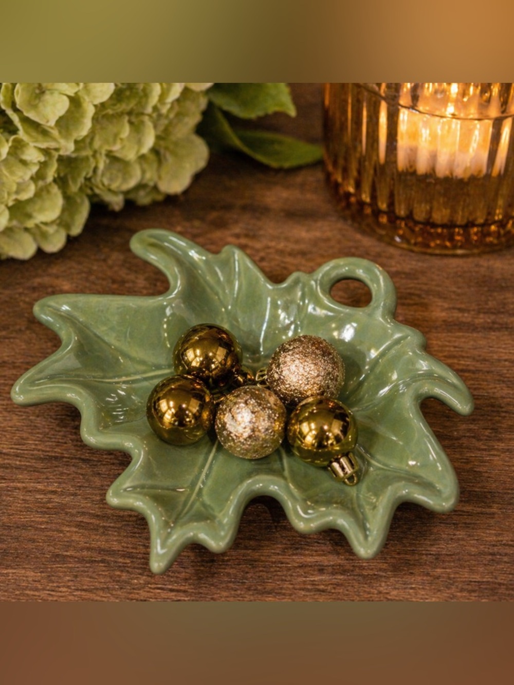 Green Ceramic Leaf Dish Candy Relish Bowl Fall Decor Tea Light Holder